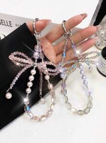 1 件水晶蝴蝶结手机链带、3D 水晶蝴蝶钥匙扣吊饰、珍珠手腕手机挂绳 - 彩色 - 查看 2