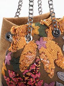 1pc Multi-Color Linen Textured Bucket Bag With Sequin Embroidery, Fashionable Shoulder Bag - Multicolor - View 8