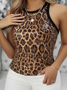 Plus Size Party Khaki Leopard Print Sequins Decorative Tank Top - Multicolor - View 5