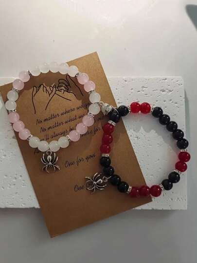 2Pcs/Set Fashionable Spider Heart Charm Pendant Matching Beads Bracelets For Couples Best Friendship Holiday Gift Jewelry Accessory