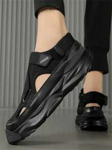 1 Pair Pure Black Closed-Toe Mesh Sandals, Breathable Comfortable Thick Sole Soft Elastic Hook And Loop - Black - View 4