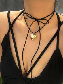 1 Collana regolabile con ciondolo a forma di cuore d'argento con fiocco, nappe, di stile semplice e alla moda, accessori per donne in stile casual, ragazza carina, accessori regalo per vacanza
