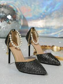 Damskie buty na obcasie z paskiem na kostce w jednolitym kolorze z perłowym szpiczastym noskiem, elegancki styl wróżki, odpowiednie na lato, formalne okazje i sukienki