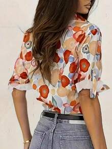 Áo sơ mi nữ cổ điển in họa tiết thường ngày - Đỏ - Xem 2