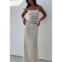 Women Summer Cotton Outfit 2 Piece Maxi Skirt Set Y2k Lace Up Hater Backless Tank Top Flowy Ruffle Long Skirt Outfits Going Out Beachwear - 白色 - 查看 2