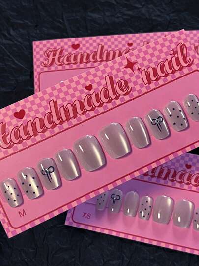 10 件猫眼指甲黑色波尔卡圆点按压指甲蝴蝶结装饰指甲艺术闪亮假指甲短棺材形状指甲美甲套装包括 1 张粘性标签和 1 个迷你锉刀，非常适合日常佩戴美甲用品指甲