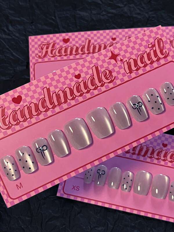 10 peças unhas de olho de gato, bolinhas pretas, unhas postiças, decoração de laço, unhas artísticas brilhantes, unhas postiças curtas em formato de caixão, conjunto de manicure que inclui 1 folha de abas adesivas e 1 mini lixa, perfeito para uso diário, suprimentos para unhas