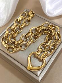 1 件时尚心形吊坠链项链，适合女士青少年女孩优雅粗不锈钢项链日常派对珠宝礼物 - 彩色 - 查看 5