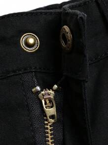 男童休闲弹力腰带刺绣拉链及膝短裤，腰部可调节 - 黑色 - 查看 5