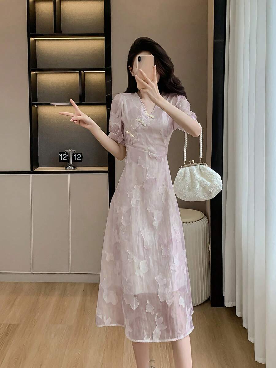 RUIWY 女士V领雪纺精美刺绣收腰中长连衣裙，复古中国风，适合春夏季 - 淡紫色 - 查看 1