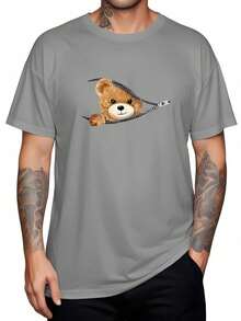Unisex Bear Zipper T-Shirt Fashion Streetwear T-Shirt Women's Shirt 100% Cotton Men's Printed Casual Premium - 灰色 - 查看 1