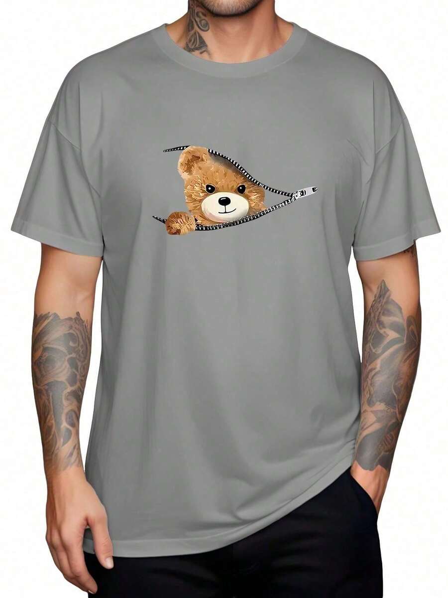 Unisex Bear Zipper T-Shirt Fashion Streetwear T-Shirt Women's Shirt 100% Cotton Men's Printed Casual Premium - 灰色 - 查看 1