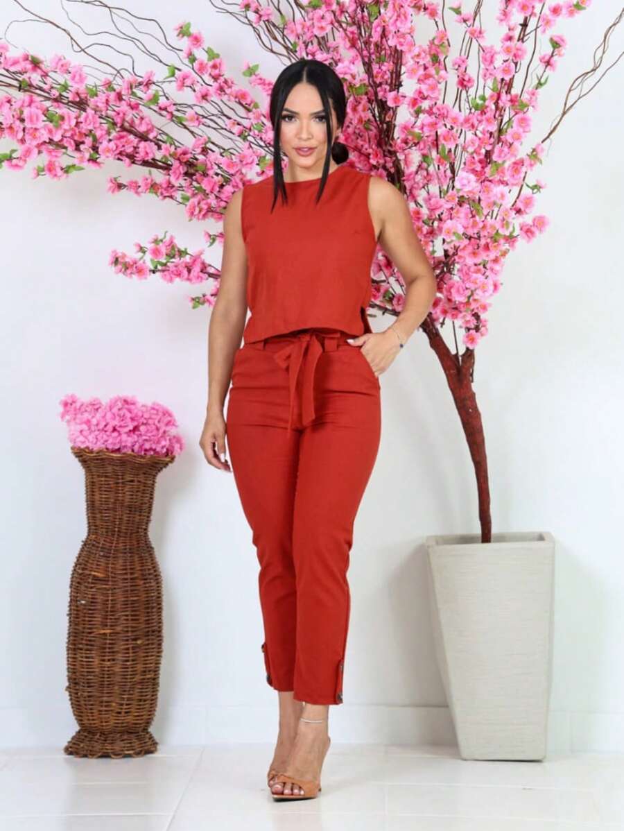 Women's Formal Set Cropped Trousers With Tie - 紅色 - 查看 1