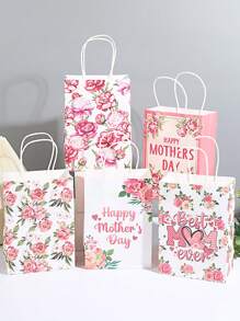 10pcs Mother's Day Floral Print Kraft Paper Gift Bags With Handles - Happy Mother's Day, Best Mom Ever & Pink Rose Designs For Party Favors, Decorations & Celebrations
