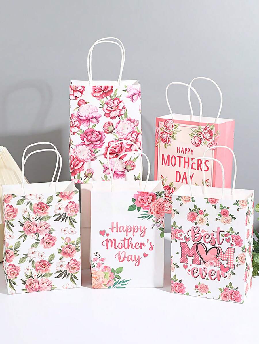 10pcs Mother's Day Floral Print Kraft Paper Gift Bags With Handles - Happy Mother's Day, Best Mom Ever & Pink Rose Designs For Party Favors, Decorations & Celebrations