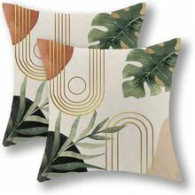 2pcs Bohemian Style Leaf Pattern Pillow Covers, Medieval Farmhouse Decor, Modern Tropical Summer Outdoor Decoration, Linen Sofa Covers, Single-Sided Design, Pillow Insert Not Included - Green - View 1