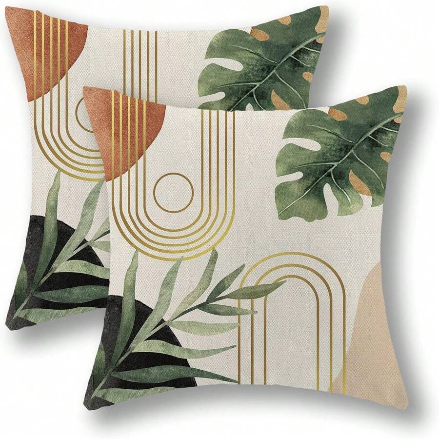 2pcs Bohemian Style Leaf Pattern Pillow Covers, Medieval Farmhouse Decor, Modern Tropical Summer Outdoor Decoration, Linen Sofa Covers, Single-Sided Design, Pillow Insert Not Included - Green - View 1