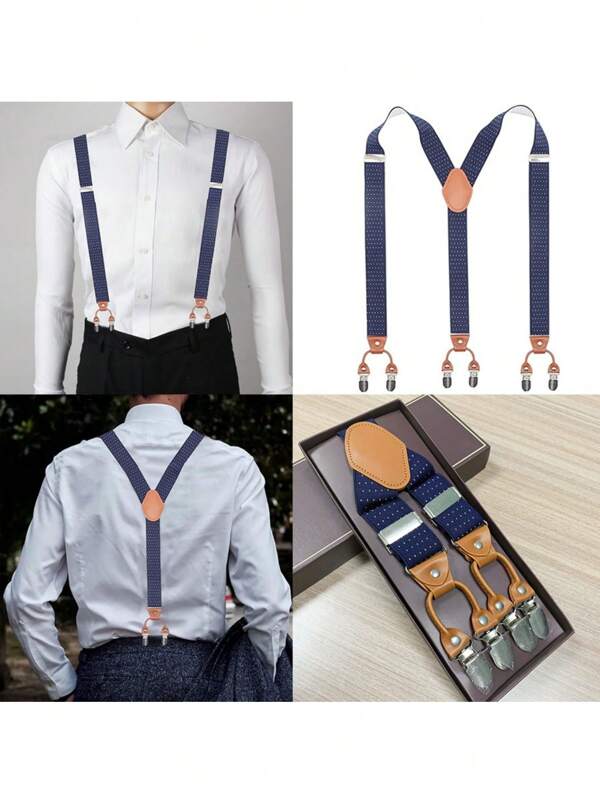 1 Set Fashion Men's Y-Back Suspenders, 35mm Width, Elastic Woven Material, 6 Clips Adjustable Non-Slip Braces, Suitable For Daily Wear, Suits, Tuxedos, Weddings, Parties, All Seasons