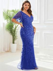 EVERPRETTY Blue Sequin V-Neck Ruffle Sleeve Mermaid Hem Formal Dress, Suitable For Party, Wedding Guest Attire