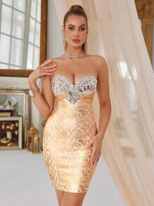 Hot Gold Shiny Diamonds Sheath Short Dress Party Bodycon Bandage Evening Gowns