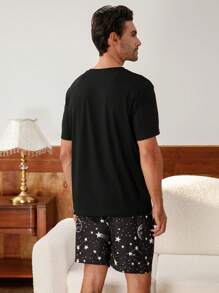 Set de pijamale pentru bărbați, cu mâneci scurte, cu imprimeu planetă, cu mâneci scurte, îmbrăcăminte ușoară de vară