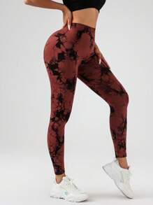 Pantalones de yoga con efecto tie-dye y cintura en V sexys para mujer, leggings elásticos atléticos para hacer ejercicio, correr y actividades al aire libre - Café integral - Ver 2