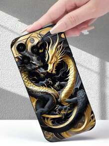 1pc Golden Double Dragon Printed 2D Pattern Couple Phone Case, Creative Personalized High-End Classic Retro Golden Double Dragon Aesthetic Style Suitable As Gift For Elders, Friends, Family, Couples, Birthday, Easter, Festival - Black Matte Soft Full Coverage Protective Anti-Dust Waterproof Case Compatible With IPhone 16/15/14/13/12/11/Pro/ProMax/X/XR/XS/XSMAX/7/8/PLUS And Models