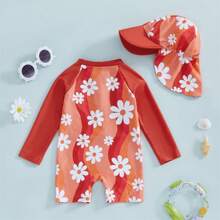 Toddler Baby Girl One Piece Swimsuit UPF 50+ Sun Protection Long Sleeve Rash Guard Bathing Suit Swimwear Sunhat Set - Red - View 3