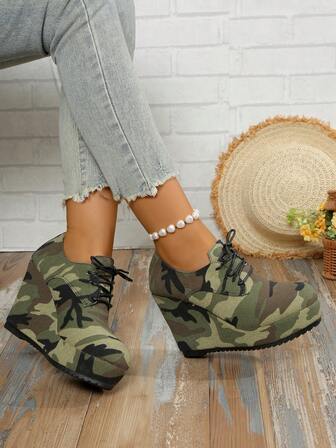 Fashion Lace-Up Platform Thick Sole Casual Shoes, Wedge Heel Thick Bottom Pumps For Plus Size Women, Spring/Autumn