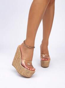 Sandalias de plataforma y cuña retro para mujer con suela gruesa impermeable de patrón de madera, tira transparente de Lucite, banda elástica, correa para el tobillo y tacón grueso alto para uso casual, estilo bohemio y playa