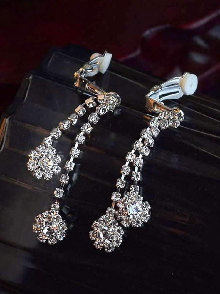 2pcs Elegant Rhinestone Waterdrop Clip Earrings, Simple Geometric Tassel Silver Metal Non-Piercing Bride Earrings - Silver - View 8