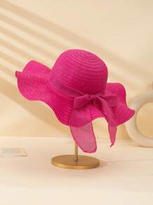 1 件男女通用幼儿亚麻面料蝴蝶结装饰简约休闲波浪风格草编太阳帽，适合夏季外出、日常生活防晒、沙滩度假装、儿童节礼物、婚礼季节服装