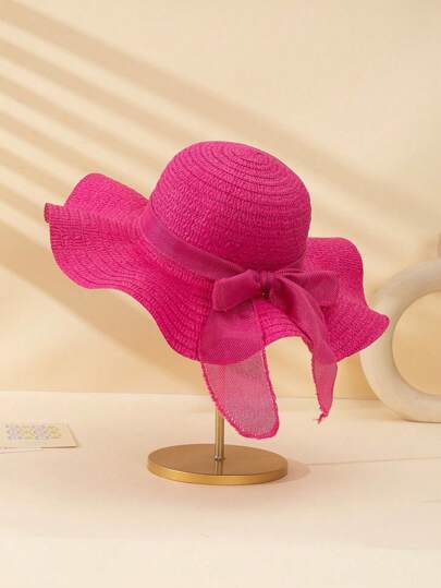 1 件男女通用幼儿亚麻面料蝴蝶结装饰简约休闲波浪风格草编太阳帽，适合夏季外出、日常生活防晒、沙滩度假装、儿童节礼物、婚礼季节服装