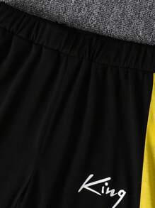 Tween Boy 2pcs/Set Sports Summer Loose Letter "KING" Print Patchwork Colorblock Round Neck Short Sleeve Top And Pants Set, 7-11 Years Old - Yellow - View 4