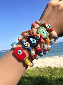 1 pieza Pulsera hecha a mano de cuentas de vidrio coloridas con diseño de ojo malvado, joyería boho de verano y playa para mujer (el color y la forma varían) - Multicolor - Ver 9