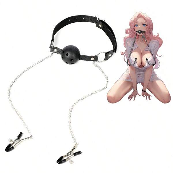 1pc Gag Ball Nipple Clamp Gag And Metal Chain Nipple Clamp, Fun SM Sex Toys For Men And Women, Sex Flirting Products,Ball Gag