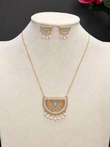 3pcs/Set Vintage Ramadan Copper Inlaid Zirconia Hollow Flower Tassel Necklace & Earrings Jewelry Set For Women