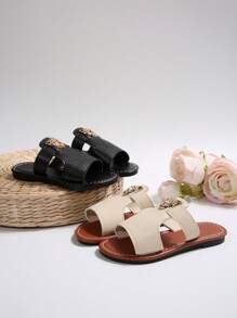 动物图案装饰绑带凉拖鞋，儿童轻便休闲室内/室外拖鞋，男女通用夏季新款时尚人字拖 - 白色 - 查看 3