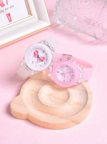 1 conjunto (2 peças) Relógio de Pulso de Quartzo com Duplo Fuso Horário e Luz LED com Padrão de Unicórnio Borboleta Animal Cartoon, Relógio de Pulso para Meninas