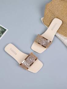 Women's Rose Gold Round Toe Slide Sandals, Casual Beach Flat Flip Flops