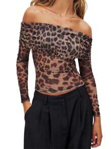 Womens Off Shoulder Mesh Tops Long Sleeve Leopard Print Slim Fit T-Shirts Ruched Blouses - Khaki - View 1