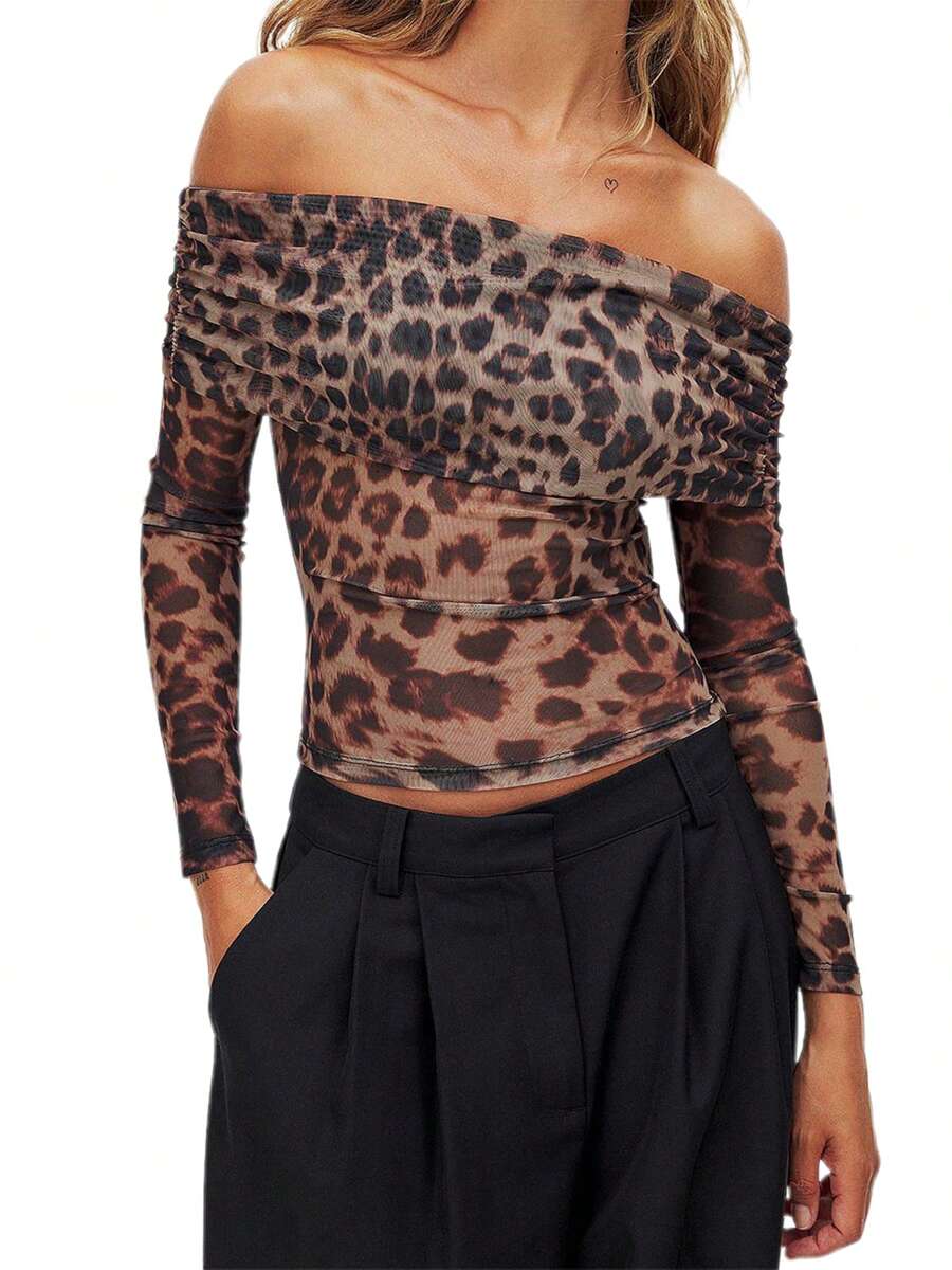 Womens Off Shoulder Mesh Tops Long Sleeve Leopard Print Slim Fit T-Shirts Ruched Blouses - Khaki - View 1