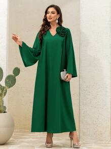 Damen Retro Lässig Kleid, Frühlings- und Sommerkleidung für Frauen handgefertigt mit großen Blumen, elegante weite Ärmel geeignet für Frühlingskleider in luftiger Passform