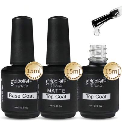 Bộ 3 sản phẩm gồm Gel Top Coat, Matte Top Coat và Base Coat, mỗi sản phẩm 15ml, kết hợp bóng và mờ, không cần lau, dùng cho sơn móng tay gel sấy khô bằng đèn UV/LED.