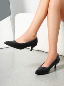 Women's Stiletto Low Heel Pointed Toe Court Pumps Minimalist Elegant Fashion Solid Color Shoes - 黑PU - 查看 2