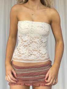 Women Lace Tube Top Without Bra  Y2k Floral Lace Sheer Mesh Strapless Bandeau Crop Tops Sexy Backless Sleeveless See Through Going Out Tops Off Shoulder Vests Shirts Vintage Aesthetic Clothes Streetwear - 白色 - 查看 7