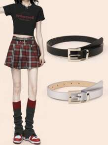 2pcs Women's PU Leather Minimalist Chic Belt With Silver Buckle, Suitable For Dresses, Jeans, Casual Bohemian Style For All Seasons - A - View 8