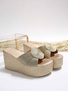 Damen Schlappen mit Schleife Verzierung und Keilsohle, leichte Offene Zehen Lässig Strandschuhe für Outdoor-Aktivitäten