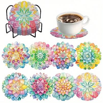 8pcs/Set Diamond Painting Lotus Pattern Coaster Set, Sparkling Rhinestone Heat-Resistant Beverage Coasters With Holder, DIY Coasters Crafts Supplies, Gifts For Beginners & Adults