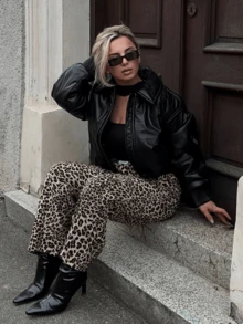 Jeta Ari Leopard Print Woven Wide-Leg Streetwear Pants For Women - Multicolor - View 2